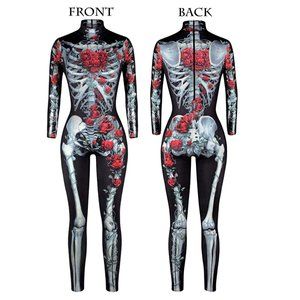 Skeleton & Red Rose Print Women's Jumpsuit